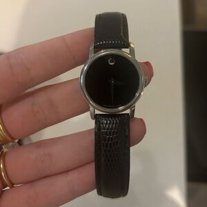 Movado Museum Black Dial Black Leather Strap Watch For Women